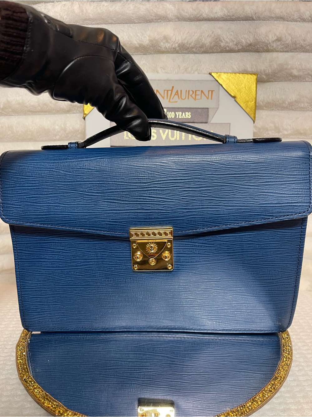 EUC Versace Blue Epi Leather Satchel with Gold-Tone Lock - Picture 13 of 14